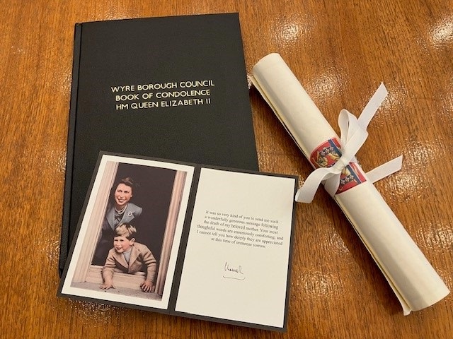 Book of Condolence for HM Queen Elizabeth. with scroll and signed message and photo from HM King Charles III